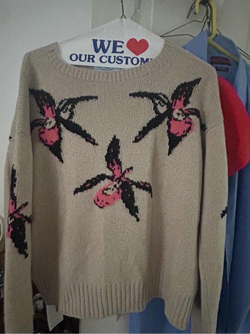 Prada Beige Crewneck Sweater with Pink & Black Floral Motif